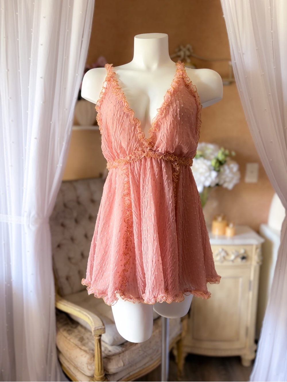 CHIO by Revolve Blush Swiss Dot Ruffle Mini Dress S Made in Italy No Brand Tag